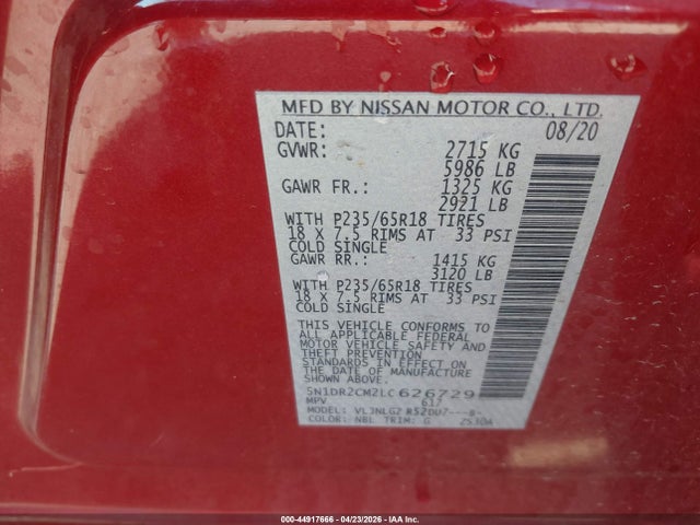 44917666 :رقم المزاد ، 5N1DR2CM2LC626729 vin ، 2020 Nissan Pathfinder Sl 4wd مزاد بيع