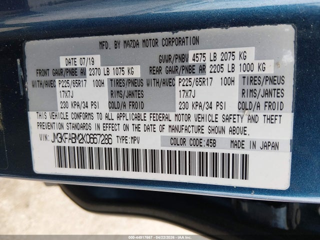 44917667 :رقم المزاد ، JM3KFABM2K0667286 vin ، 2019 Mazda Cx-5 Sport مزاد بيع