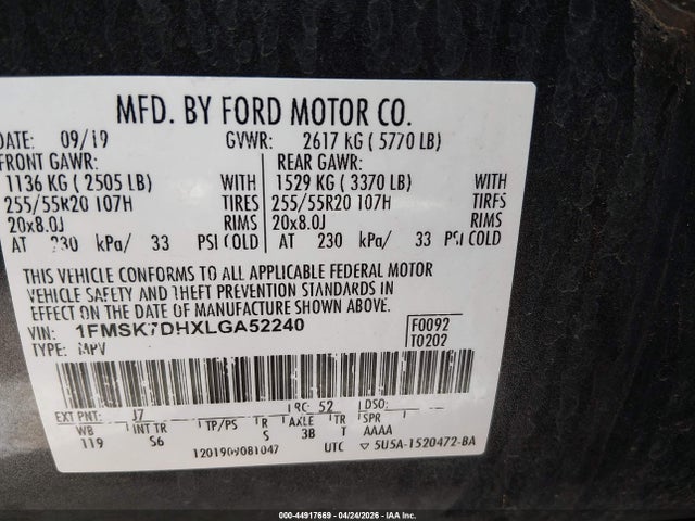 Aukcja sprzedaży 2020 Ford Explorer Xlt, vin: 1FMSK7DHXLGA52240, numer aukcji: 44917669
