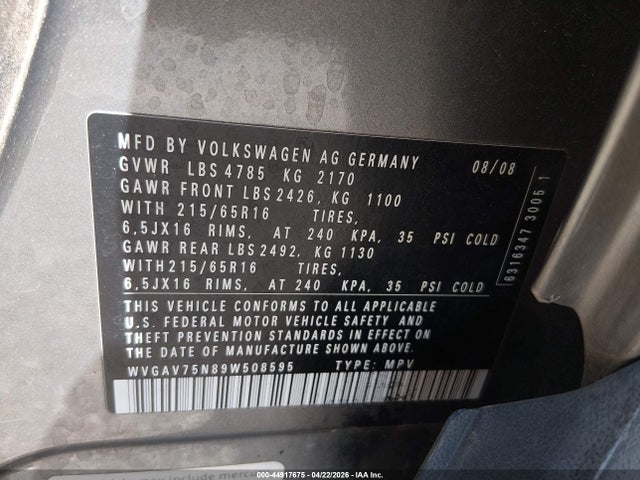 Aukcja sprzedaży 2009 Volkswagen Tiguan S/se/sel, vin: WVGAV75N89W508595, numer aukcji: 44917675