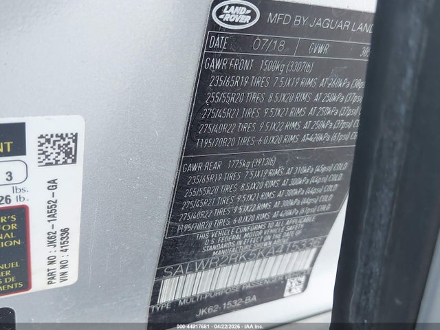 Aukcja sprzedaży 2019 Land Rover Range Rover Sport Hse Td6, vin: SALWR2RK5KA415336, numer aukcji: 44917681