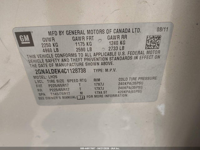 2012 Chevrolet Equinox 1lt მანქანა იყიდება აუქციონზე, vin: 2GNALDEK4C1128738, აუქციონის ნომერი: 44917687