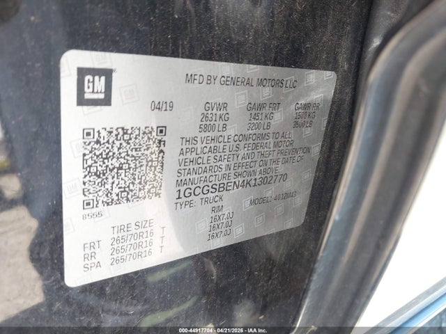 2019 Chevrolet Colorado Wt მანქანა იყიდება აუქციონზე, vin: 1GCGSBEN4K1302770, აუქციონის ნომერი: 44917704