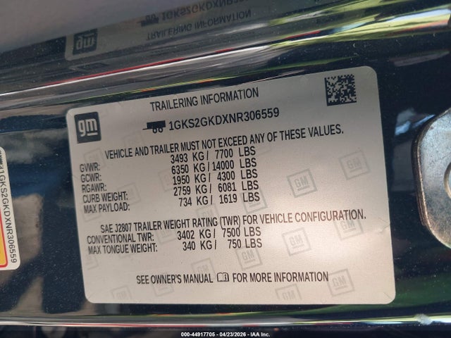 44917705 :رقم المزاد ، 1GKS2GKDXNR306559 vin ، 2022 Gmc Yukon Xl 4wd Slt مزاد بيع