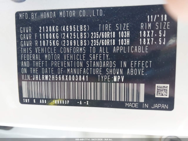 Aukcja sprzedaży 2019 Honda Cr-v Ex, vin: JHLRW2H56KX003841, numer aukcji: 44917714