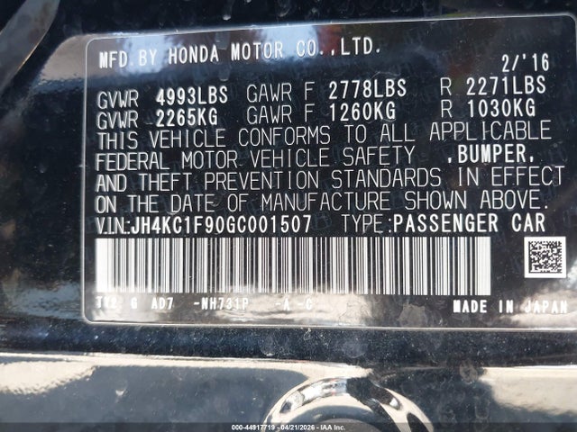 2016 Acura Rlx Advance Package მანქანა იყიდება აუქციონზე, vin: JH4KC1F90GC001507, აუქციონის ნომერი: 44917719