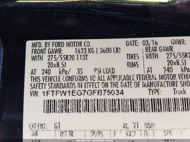 Aukcja sprzedaży 2016 Ford F-150 Lariat, vin: 1FTFW1EG7GFB75034, numer aukcji: 44917731