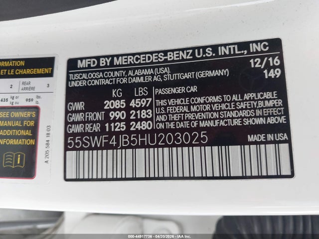 Продаж на аукціоні авто 2017 Mercedes-benz C 300, vin: 55SWF4JB5HU203025, номер лоту: 44917736