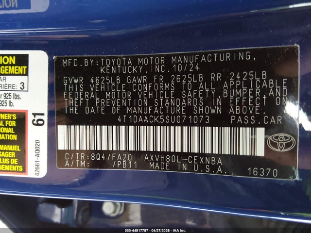 Aukcja sprzedaży 2025 Toyota Camry Le, vin: 4T1DAACK5SU071073, numer aukcji: 44917757