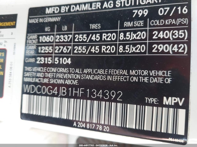 2017 Mercedes-benz Glc 300 მანქანა იყიდება აუქციონზე, vin: WDC0G4JB1HF134392, აუქციონის ნომერი: 44917763