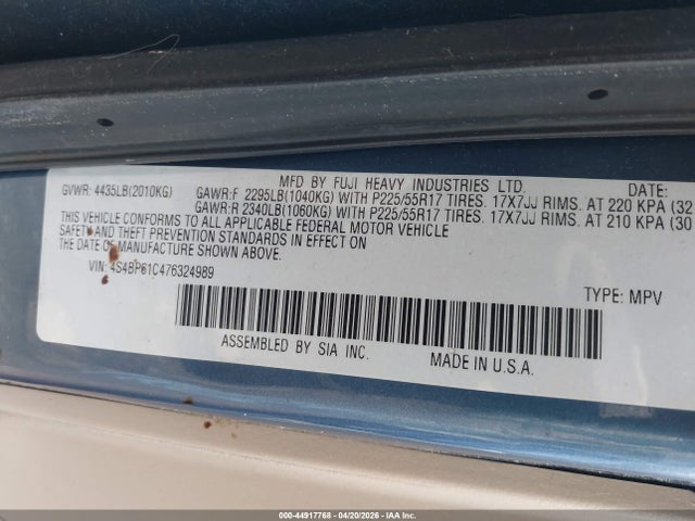 44917768 :رقم المزاد ، 4S4BP61C476324989 vin ، 2007 Subaru Outback 2.5i مزاد بيع