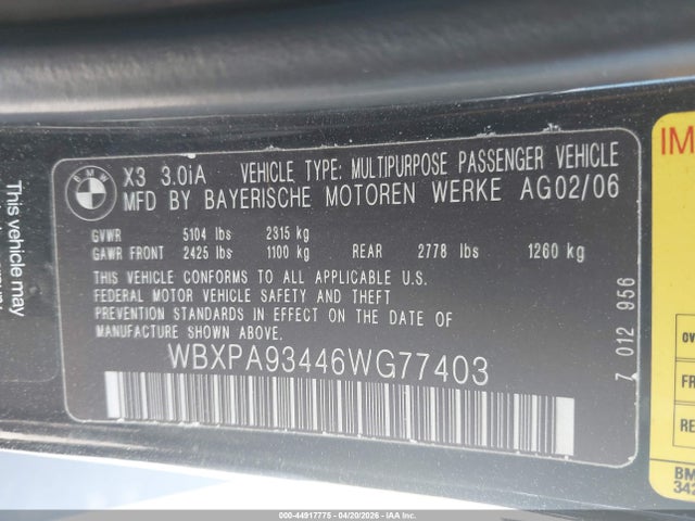 Aukcja sprzedaży 2006 Bmw X3 3.0i, vin: WBXPA93446WG77403, numer aukcji: 44917775