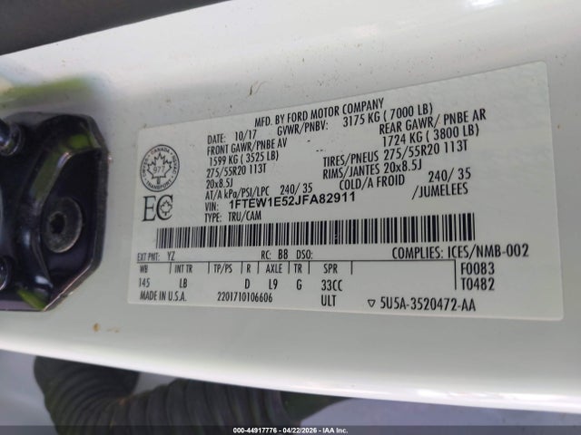 Продаж на аукціоні авто 2018 Ford F-150 Lariat, vin: 1FTEW1E52JFA82911, номер лоту: 44917776
