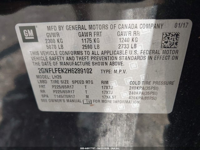 Продажа на аукционе авто 2017 Chevrolet Equinox Lt, vin: 2GNFLFEK2H6289102, номер лота: 44917787