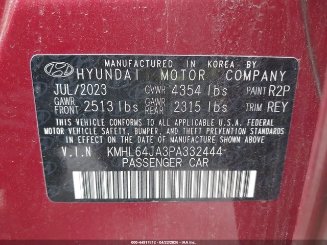 44917812 :رقم المزاد ، KMHL64JA3PA332444 vin ، 2023 Hyundai Sonata Sel مزاد بيع