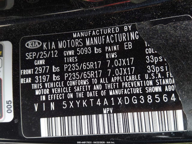 Продаж на аукціоні авто 2013 Kia Sorento Lx, vin: 5XYKT4A1XDG385646, номер лоту: 44917833