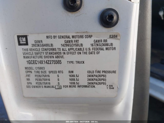 Продаж на аукціоні авто 2004 Chevrolet Silverado 1500 Work Truck, vin: 1GCEC14X14Z275565, номер лоту: 44917834