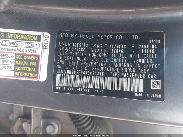 Продаж на аукціоні авто 2018 Honda Clarity Plug-in Hybrid Touring, vin: JHMZC5F34JC021316, номер лоту: 44917836