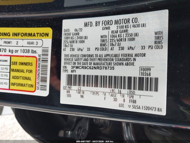 Продаж на аукціоні авто 2022 Ford Bronco Sport Outer Banks, vin: 3FMCR9C62NRD78735, номер лоту: 44917857