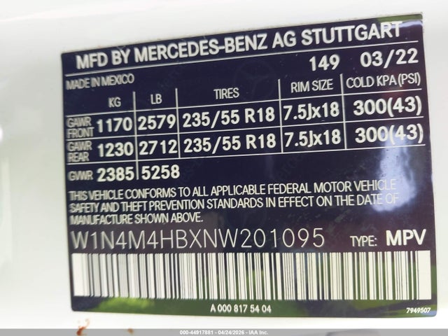 Продажа на аукционе авто 2022 Mercedes-benz Glb 250 4matic, vin: W1N4M4HBXNW201095, номер лота: 44917881