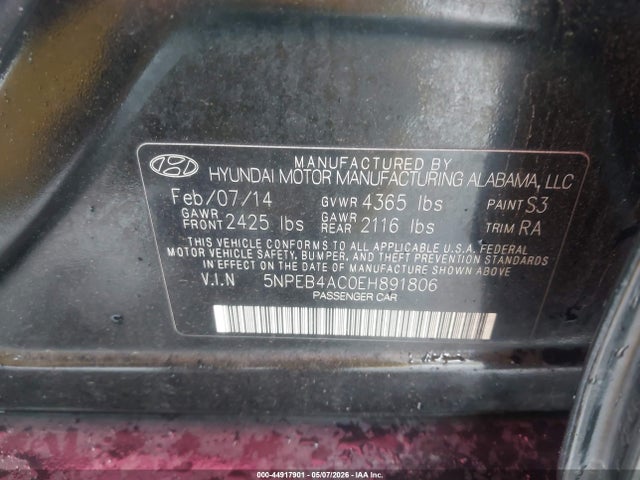 2014 Hyundai Sonata Gls მანქანა იყიდება აუქციონზე, vin: 5NPEB4AC0EH891806, აუქციონის ნომერი: 44917901