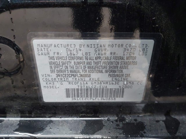 2015 Nissan Versa Note S Plus მანქანა იყიდება აუქციონზე, vin: 3N1CE2CP6FL360858, აუქციონის ნომერი: 44917935