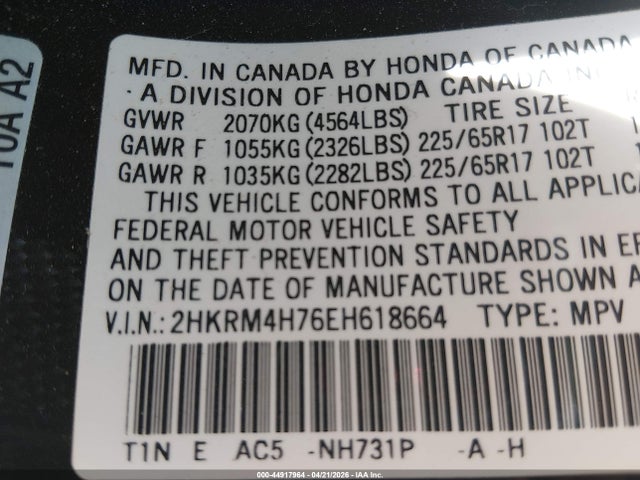 2HKRM4H76EH618664 Honda Cr-v Ex-l
