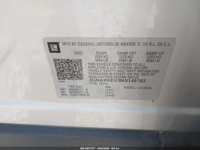 3GNAXKEV3MS149783 Chevrolet Equinox Fwd Lt