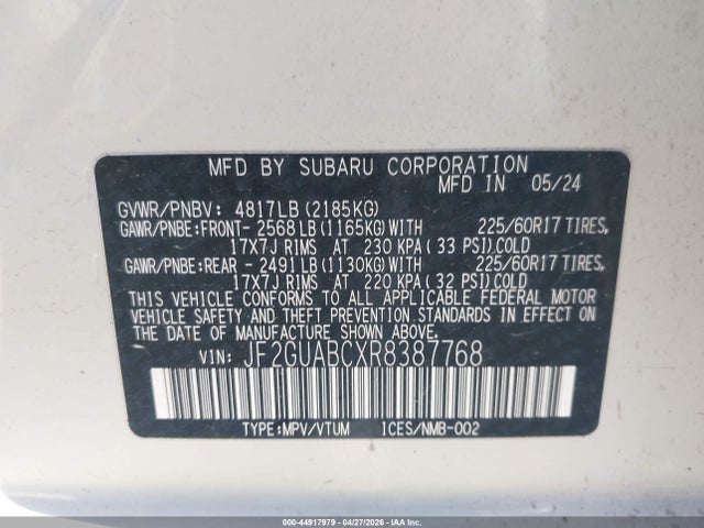 2024 Subaru Crosstrek მანქანა იყიდება აუქციონზე, vin: JF2GUABCXR8387768, აუქციონის ნომერი: 44917979