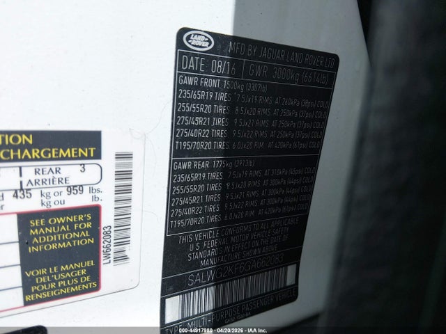 Продаж на аукціоні авто 2016 Land Rover Range Rover Sport 3.0l V6 Turbocharged Diesel Se Td6, vin: SALWG2KF6GA662083, номер лоту: 44917980