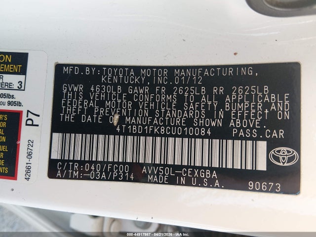 Aukcja sprzedaży 2012 Toyota Camry Hybrid Xle, vin: 4T1BD1FK8CU010084, numer aukcji: 44917987