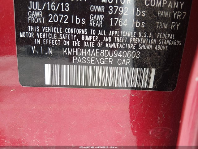 2013 Hyundai Elantra Limited მანქანა იყიდება აუქციონზე, vin: KMHDH4AE8DU940603, აუქციონის ნომერი: 44917998