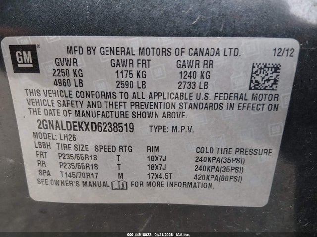 44918022 :رقم المزاد ، 2GNALDEKXD6238519 vin ، 2013 Chevrolet Equinox 1lt مزاد بيع