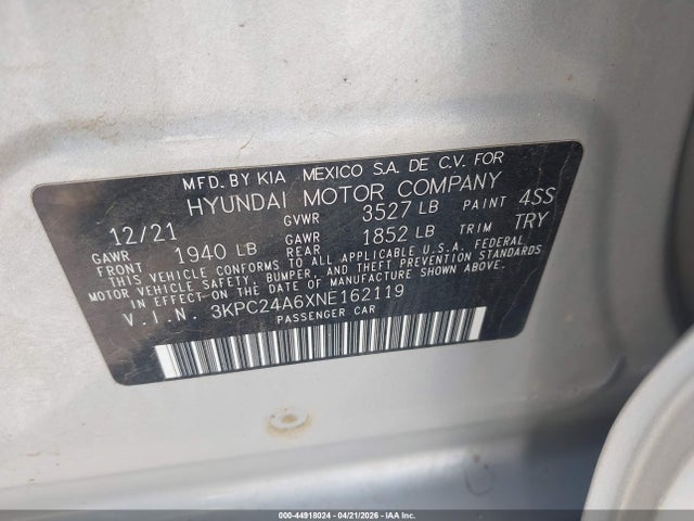 Продаж на аукціоні авто 2022 Hyundai Accent Se, vin: 3KPC24A6XNE162119, номер лоту: 44918024