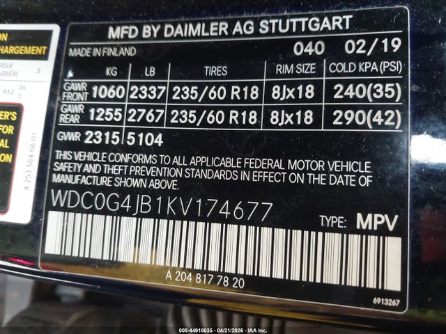 44918035 :رقم المزاد ، WDC0G4JB1KV174677 vin ، 2019 Mercedes-benz Glc 300 مزاد بيع