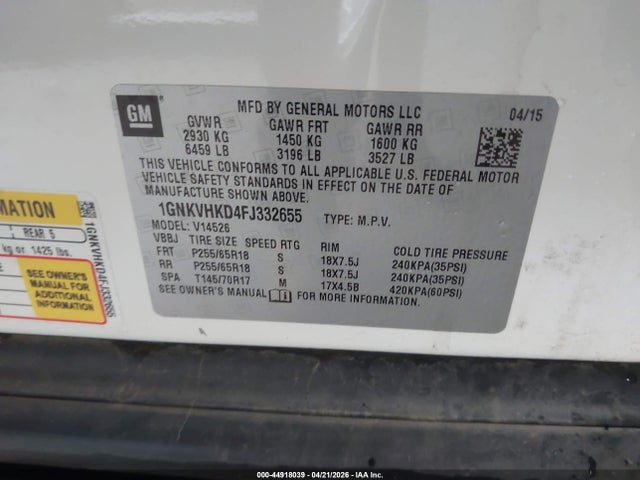 Aukcja sprzedaży 2015 Chevrolet Traverse 2lt, vin: 1GNKVHKD4FJ332655, numer aukcji: 44918039
