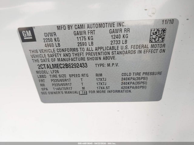 Aukcja sprzedaży 2011 Gmc Terrain Sle-1, vin: 2CTALMEC2B6292433, numer aukcji: 44918040