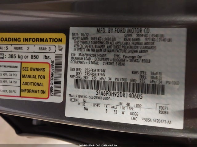 Продажа на аукционе авто 2013 Ford Fusion Se, vin: 3FA6P0H92DR140605, номер лота: 44918044