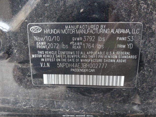 Продажа на аукционе авто 2011 Hyundai Elantra Limited, vin: 5NPDH4AE3BH002777, номер лота: 44918054