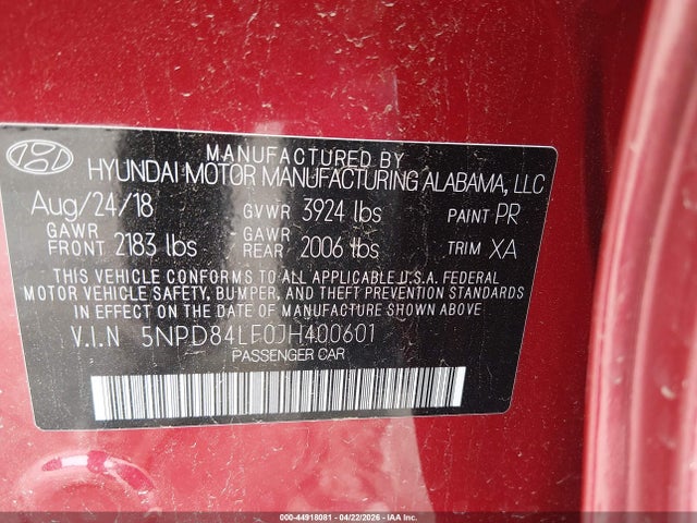 44918081 :رقم المزاد ، 5NPD84LF0JH400601 vin ، 2018 Hyundai Elantra Sel مزاد بيع