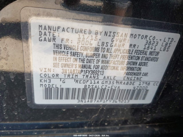 Aukcja sprzedaży 2015 Nissan Sentra S, vin: 3N1AB7AP1FY369213, numer aukcji: 44918085