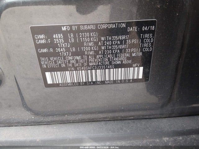 44918088 :رقم المزاد ، 4S4BSAFC3J3351460 vin ، 2018 Subaru Outback 2.5i Premium مزاد بيع