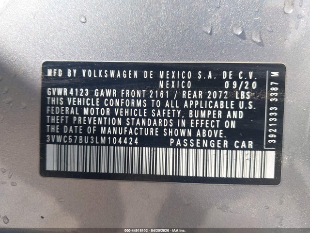 44918102 :رقم المزاد ، 3VWC57BU3LM104424 vin ، 2020 Volkswagen Jetta 1.4t R-line/1.4t S/1.4t Se مزاد بيع