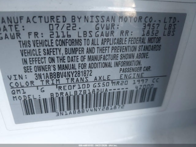 Aukcja sprzedaży 2022 Nissan Sentra S Xtronic Cvt, vin: 3N1AB8BV4NY281872, numer aukcji: 44918103
