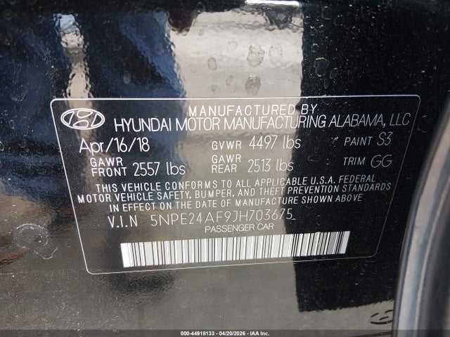 44918133 :رقم المزاد ، 5NPE24AF9JH703675 vin ، 2018 Hyundai Sonata Se مزاد بيع