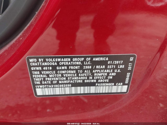 Продажа на аукционе авто 2017 Volkswagen Passat 1.8t R-line, vin: 1VWDT7A31HC052030, номер лота: 44918142
