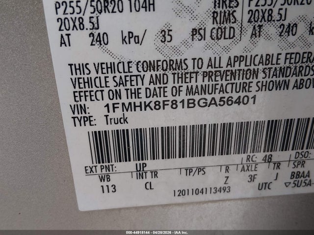 44918144 :رقم المزاد ، 1FMHK8F81BGA56401 vin ، 2011 Ford Explorer Limited مزاد بيع