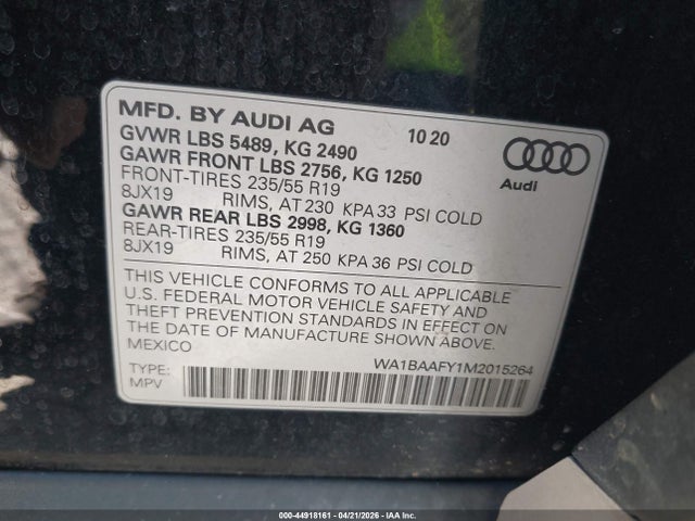 Auction sale of the 2021 Audi Q5 Premium Plus 45 Tfsi Quattro S Tronic, vin: WA1BAAFY1M2015264, lot number: 44918161