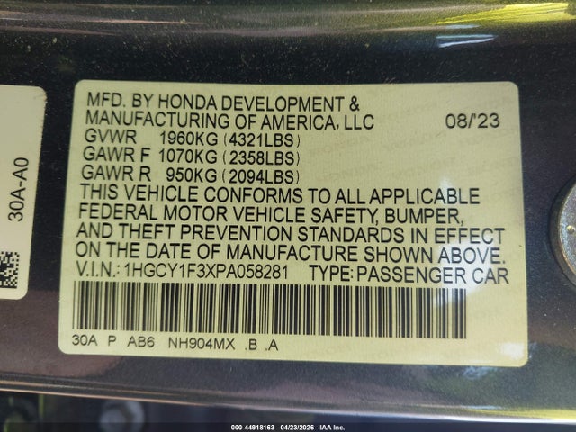 44918163 :رقم المزاد ، 1HGCY1F3XPA058281 vin ، 2023 Honda Accord Ex مزاد بيع