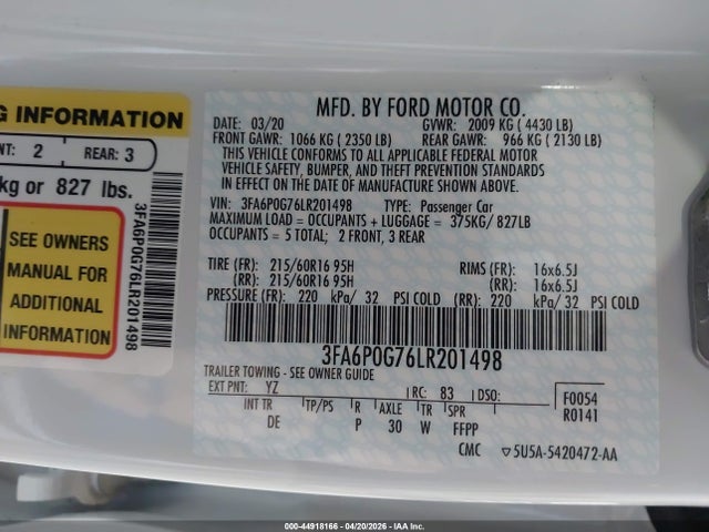 Ford FUSION S 2020 3FA6P0G76LR201498 Image 9